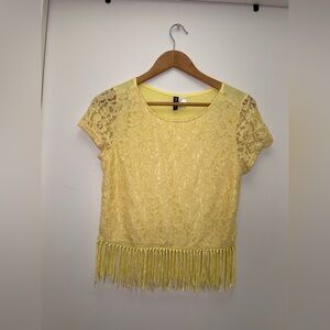 H&M Yellow Lace Fringe Crop Top Boho Festival Shirt Size Small